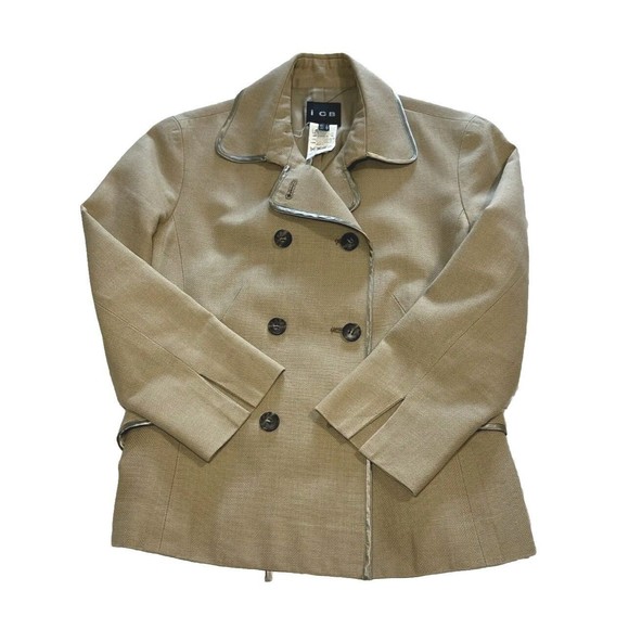 Vintage 90s ICB Womens Designer Jacket Tan Double Breasted Belted Size 4 Lined - Picture 3 of 11